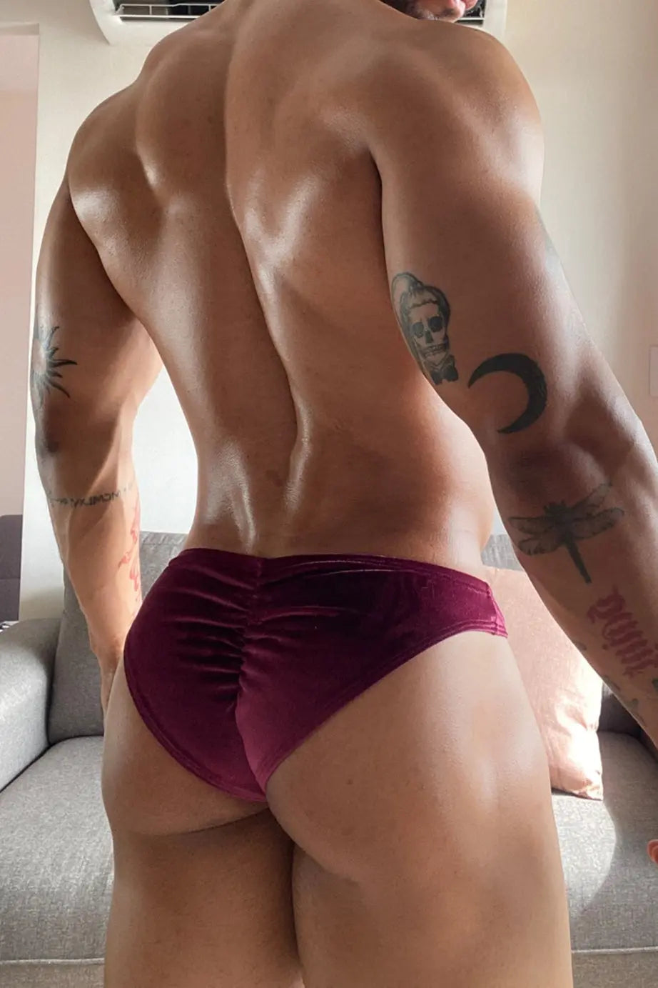 JJ Malibu Men's Velvety Scrunch-Butt Bikini Briefs - Maroon