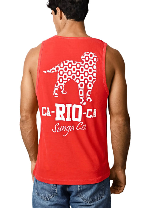 Rear view of a red tank top with large white lettering.