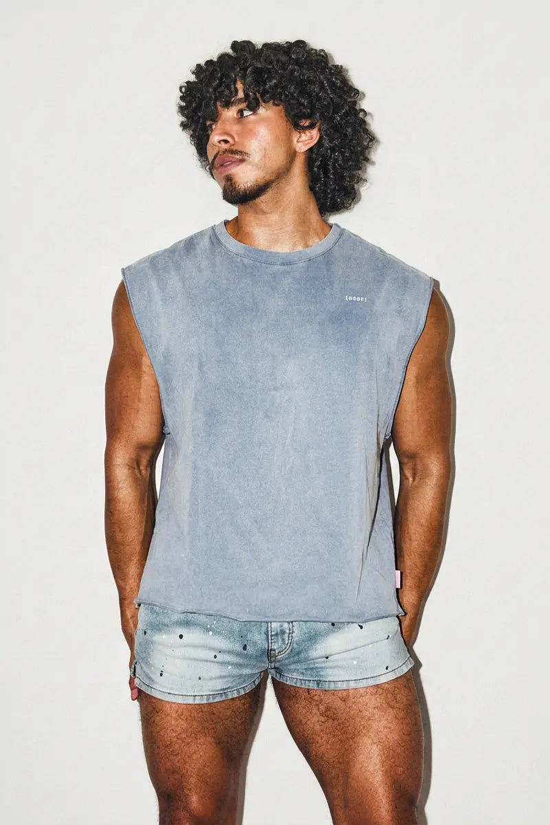 JJ Malibu Men's Pump-It Cropped Muscle Tank - Dusty Blue