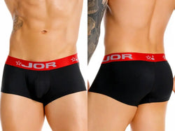 Two views of a person in black trunks with a red waistband reading JOR.