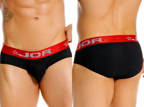 Two side-by-side views of a person wearing black briefs with a red waistband.