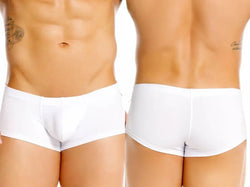 Two views of a torso in white underwear, front and back, on white.