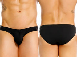Two views of a torso in black briefs, front and back, on white.