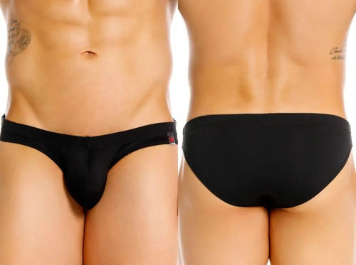 Two views of a torso in black briefs, front and back, on white.