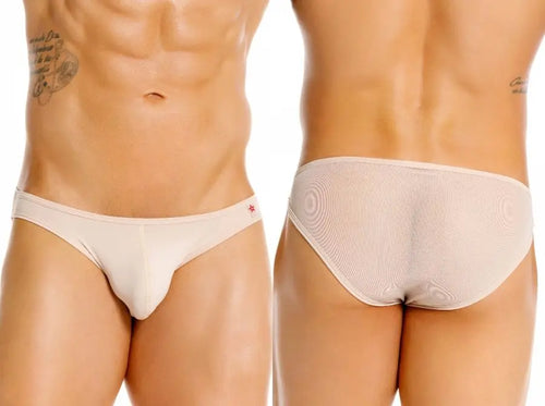 Two views of a person in light beige underwear, front and back, on white.