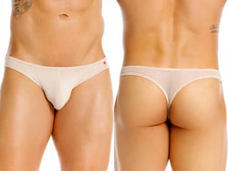 Two views of a person in pale pink underwear against white.