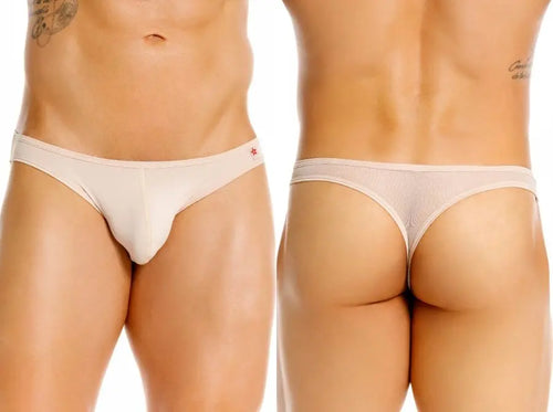 Two views of a person in pale pink underwear against white.