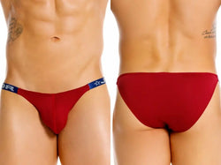 Two side-by-side photos of a torso in red briefs, front and back views.