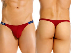Two views of a person in red underwear with a blue waistband on a white background.