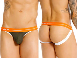 Two views of a person wearing an orange, white, and olive-green jockstrap.