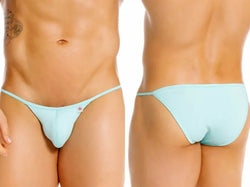 Two views of a person wearing light blue underwear against a white background.