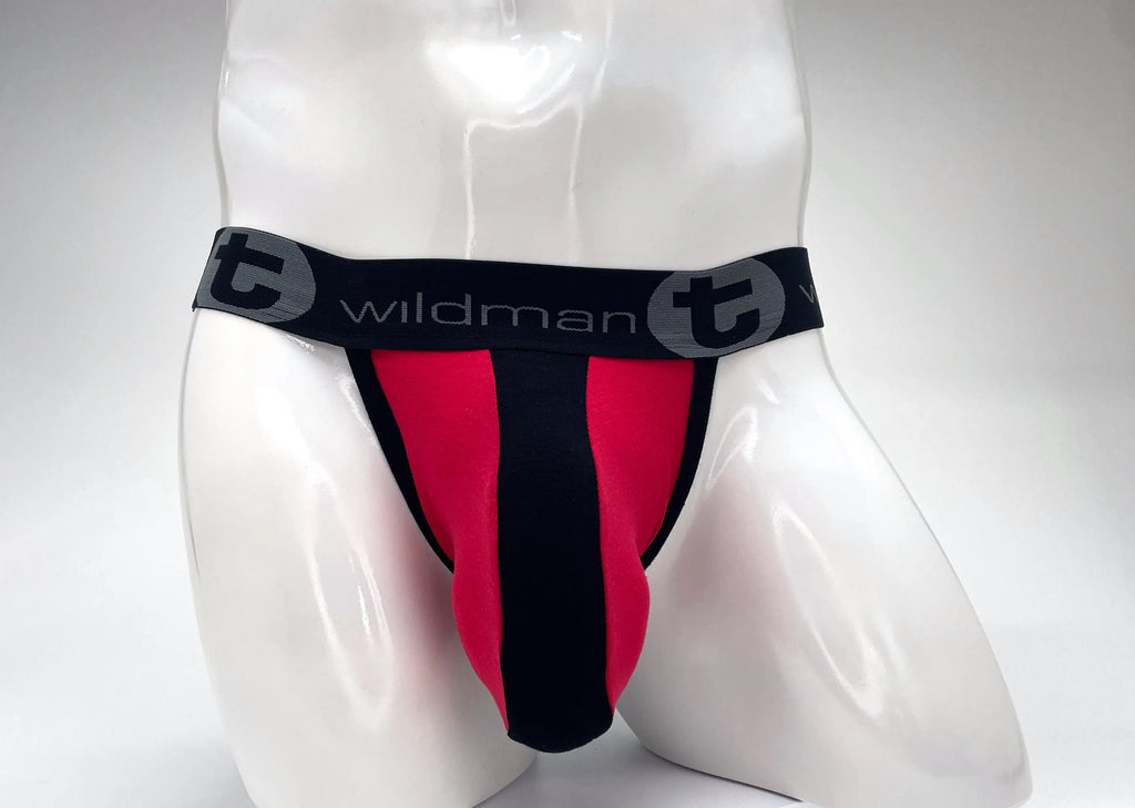 White mannequin wearing red and black underwear with a black waistband.