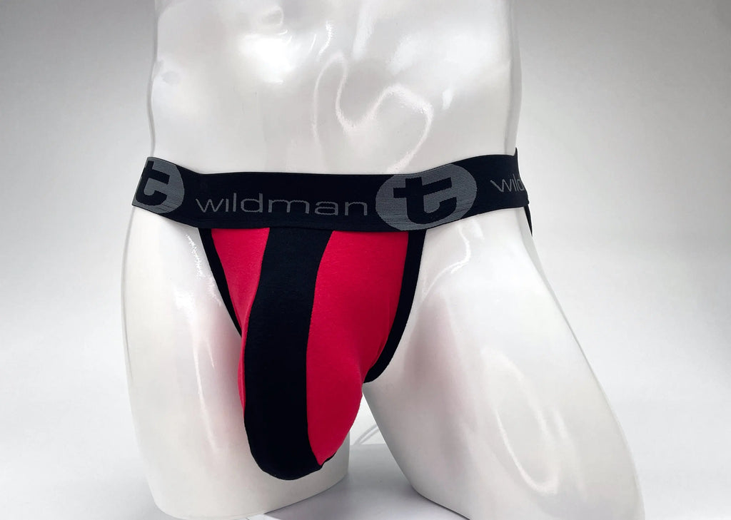 White mannequin wearing red and black underwear with a black waistband.