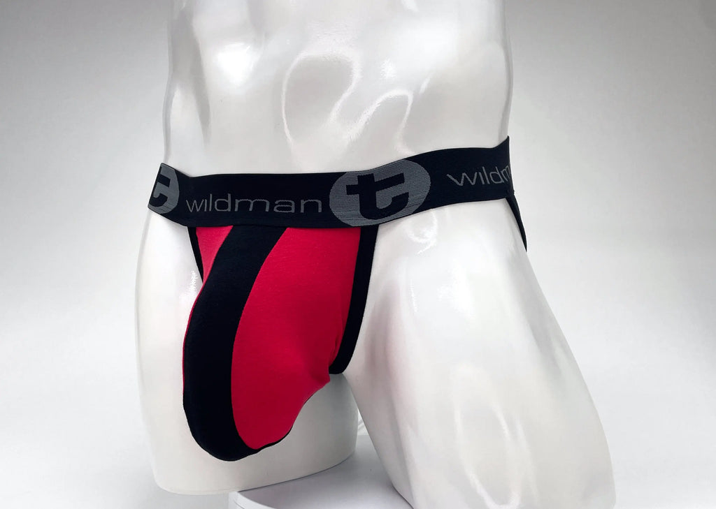White mannequin torso wearing red and black underwear with a black waistband.