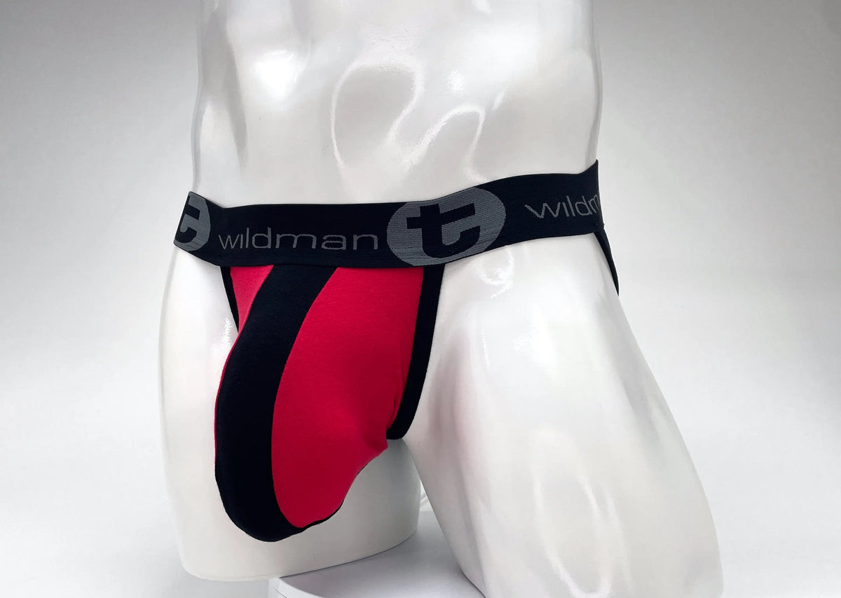 White mannequin torso wearing red and black underwear with a black waistband.