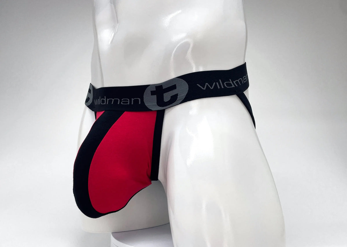 White mannequin wearing red and black underwear with a black waistband.