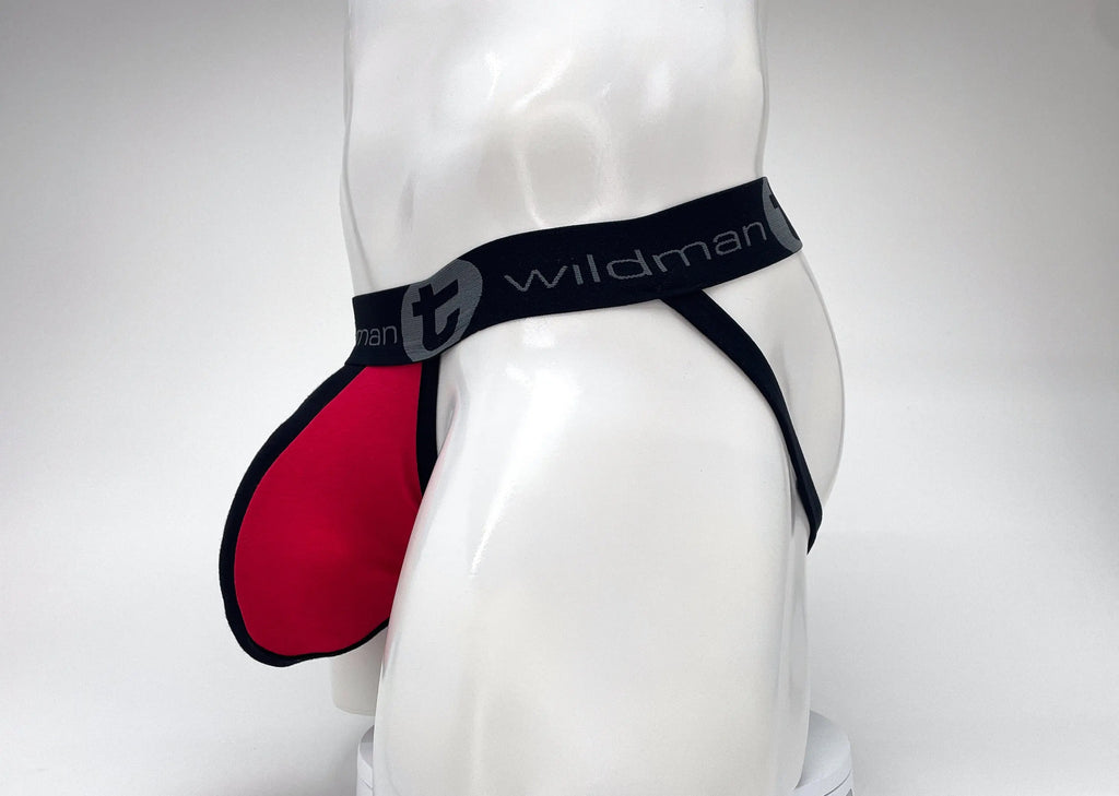 White mannequin wearing black and red underwear with a black waistband.