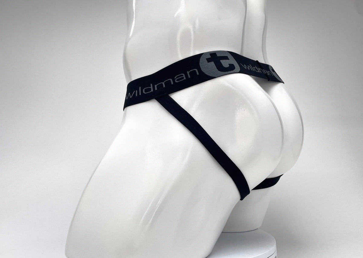 White mannequin rear view wearing black underwear with gray text.