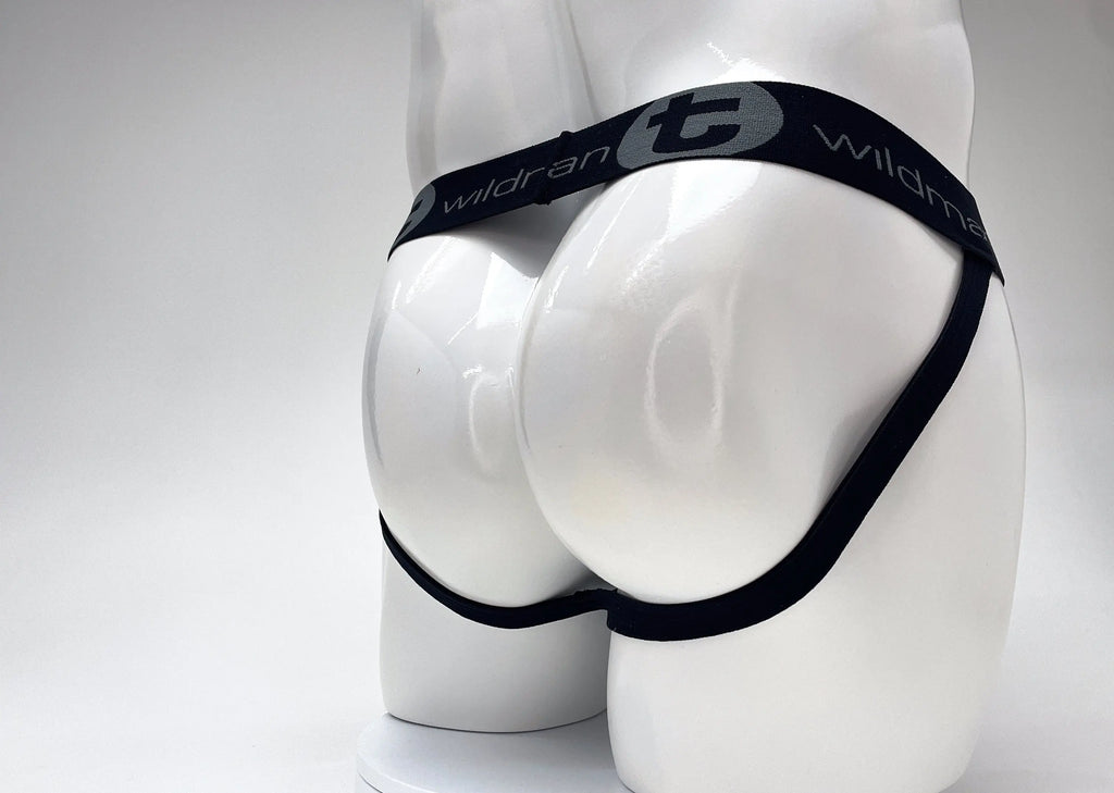 White mannequin rear wearing black underwear with gray text.