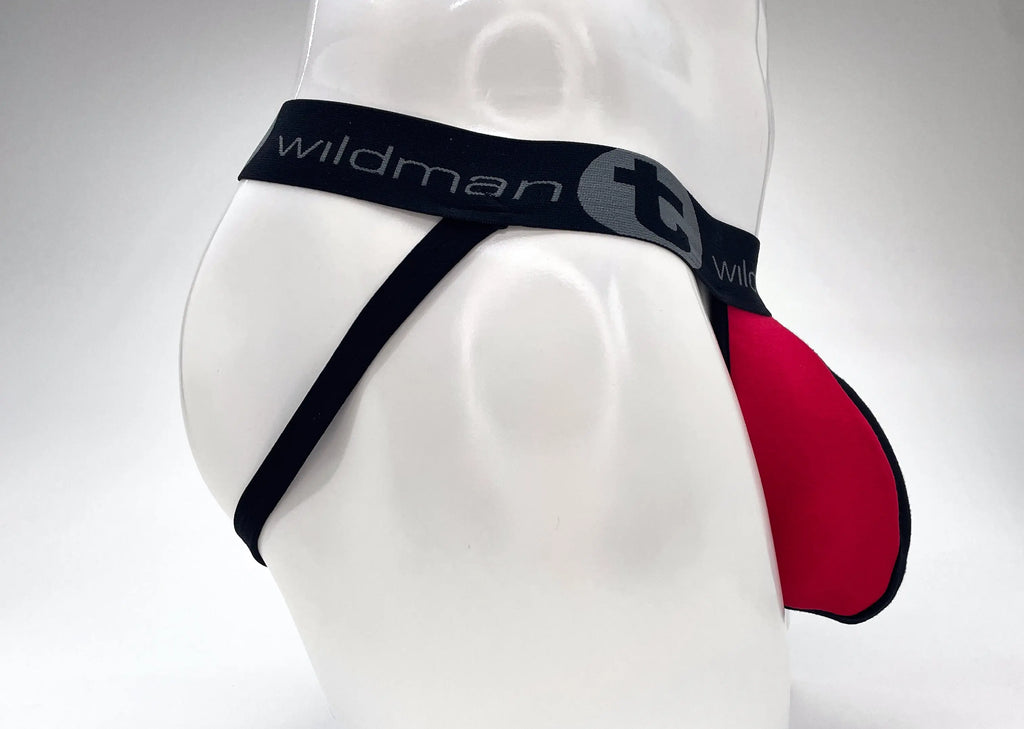 White mannequin wearing black and red underwear with a black waistband.