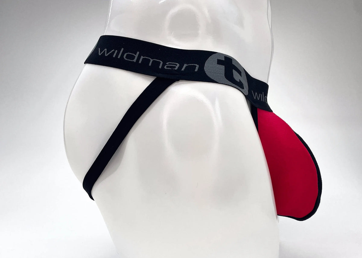 White mannequin wearing black and red underwear with a black waistband.
