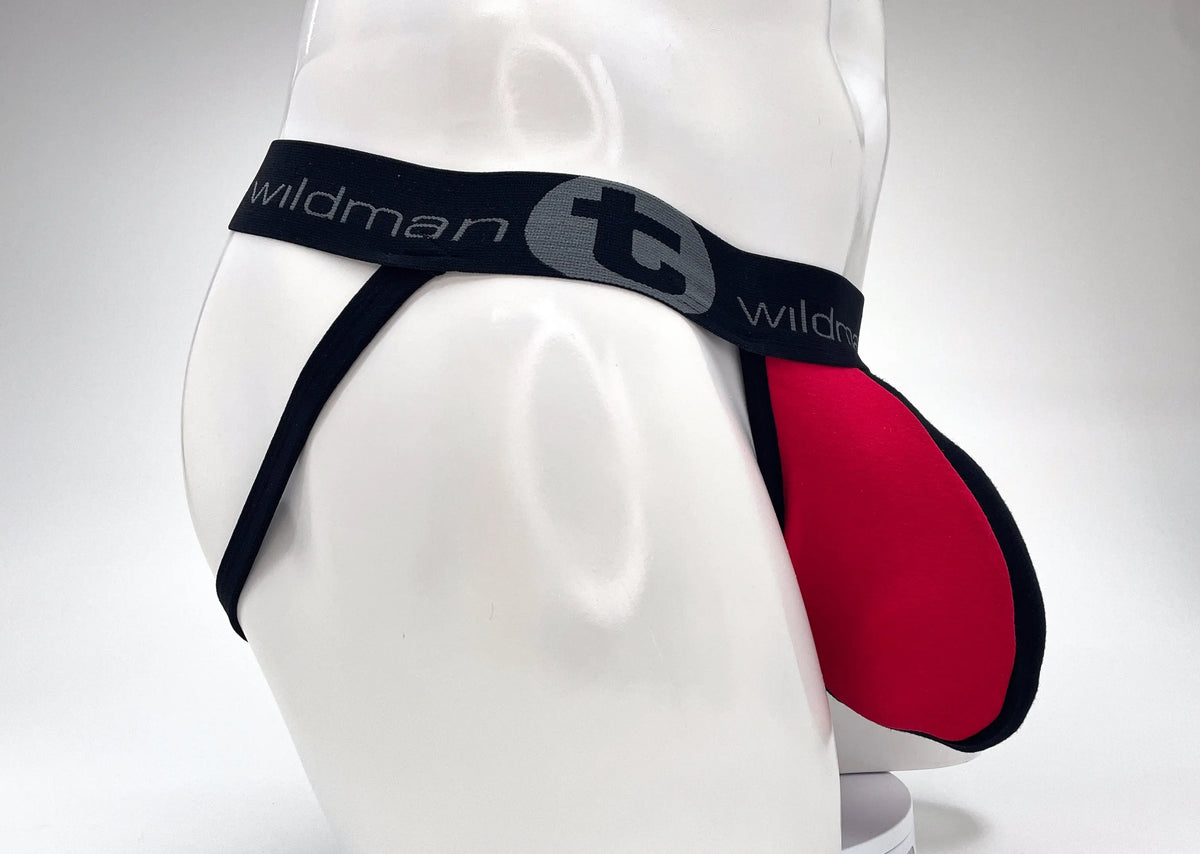 White mannequin wearing a black waistband with gray text and a red pouch.