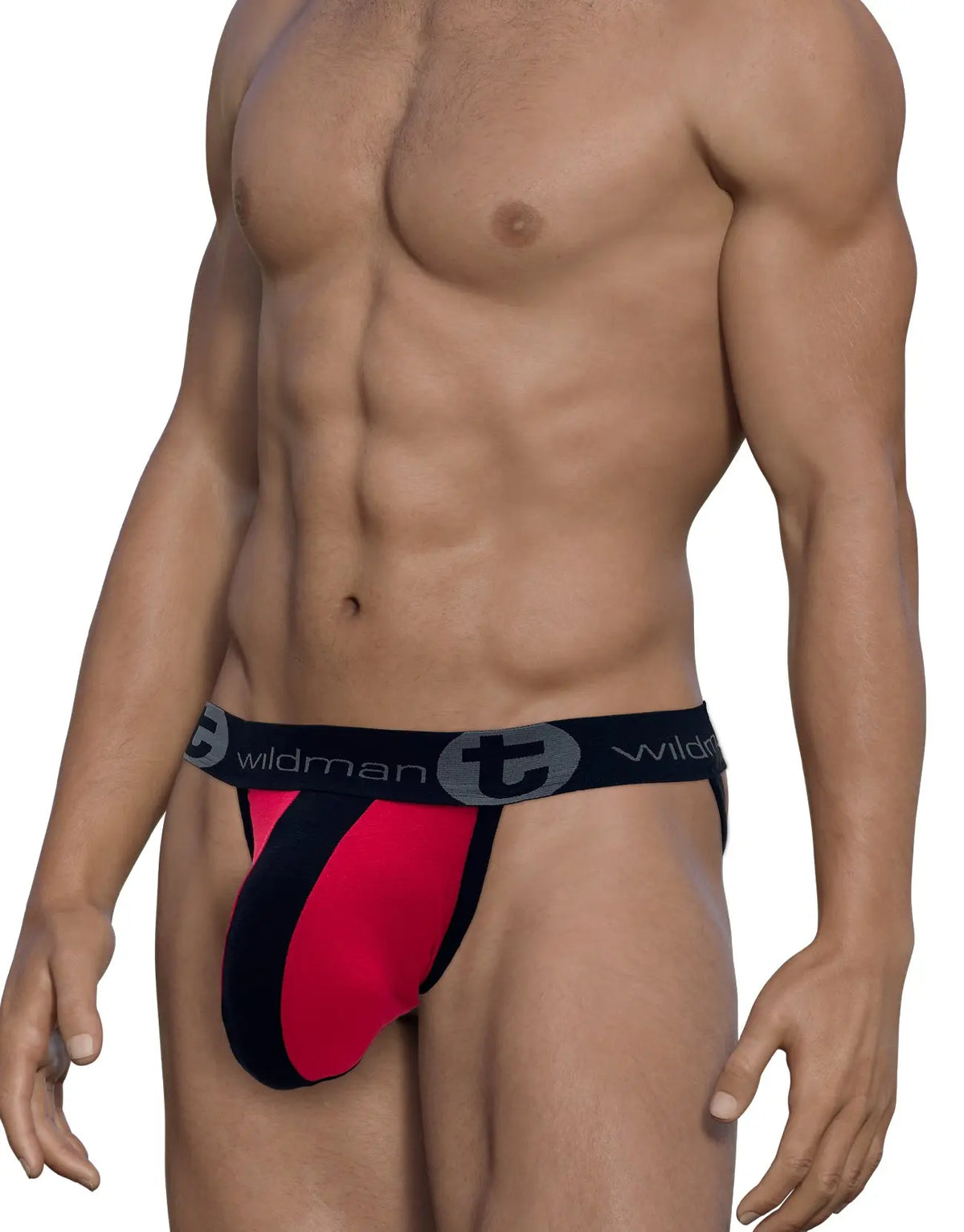 Torso of a person wearing red and black underwear with a black waistband.