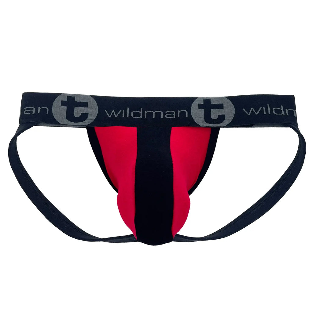 Black and red jockstrap with a black waistband on white.