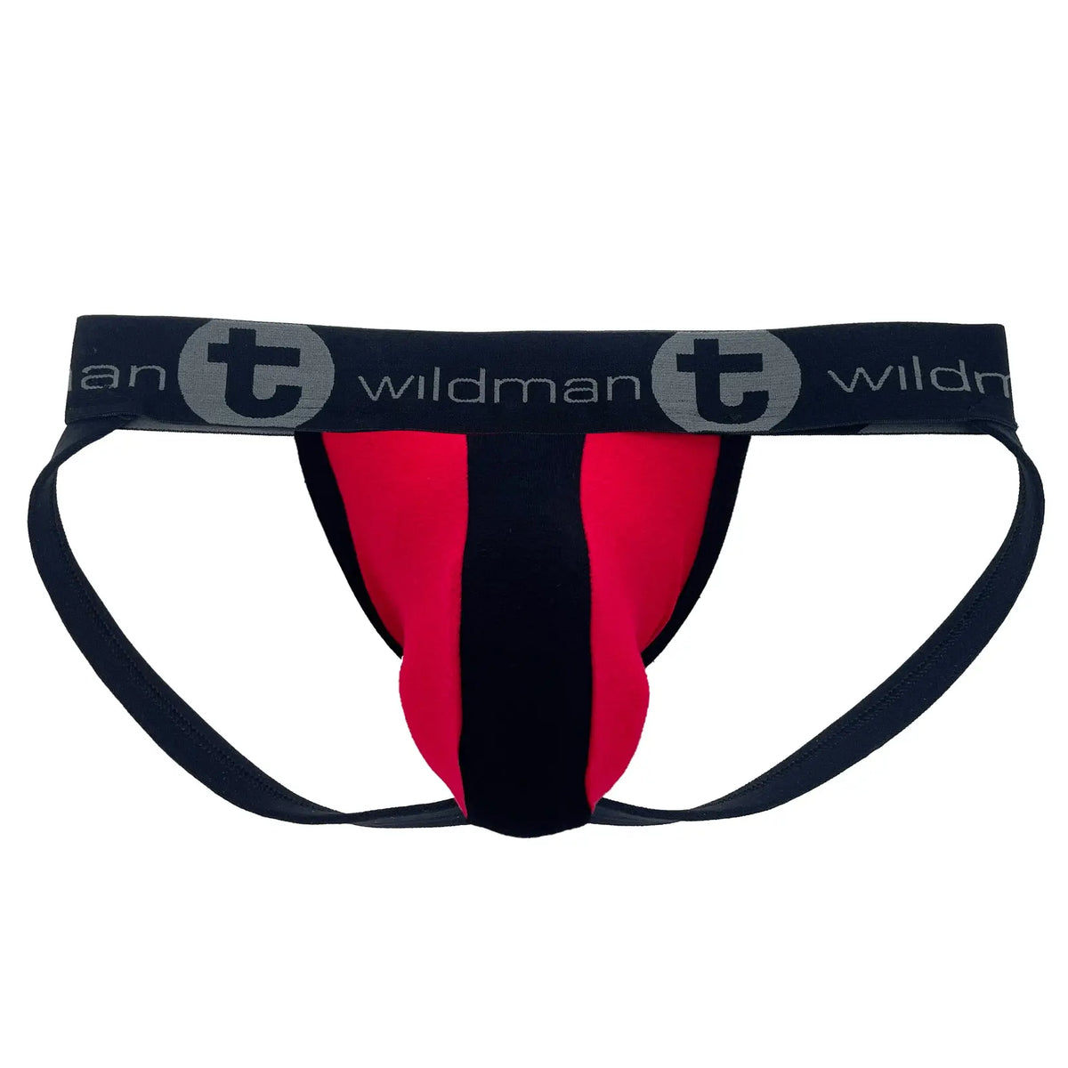 Black and red jockstrap with a black waistband on white.