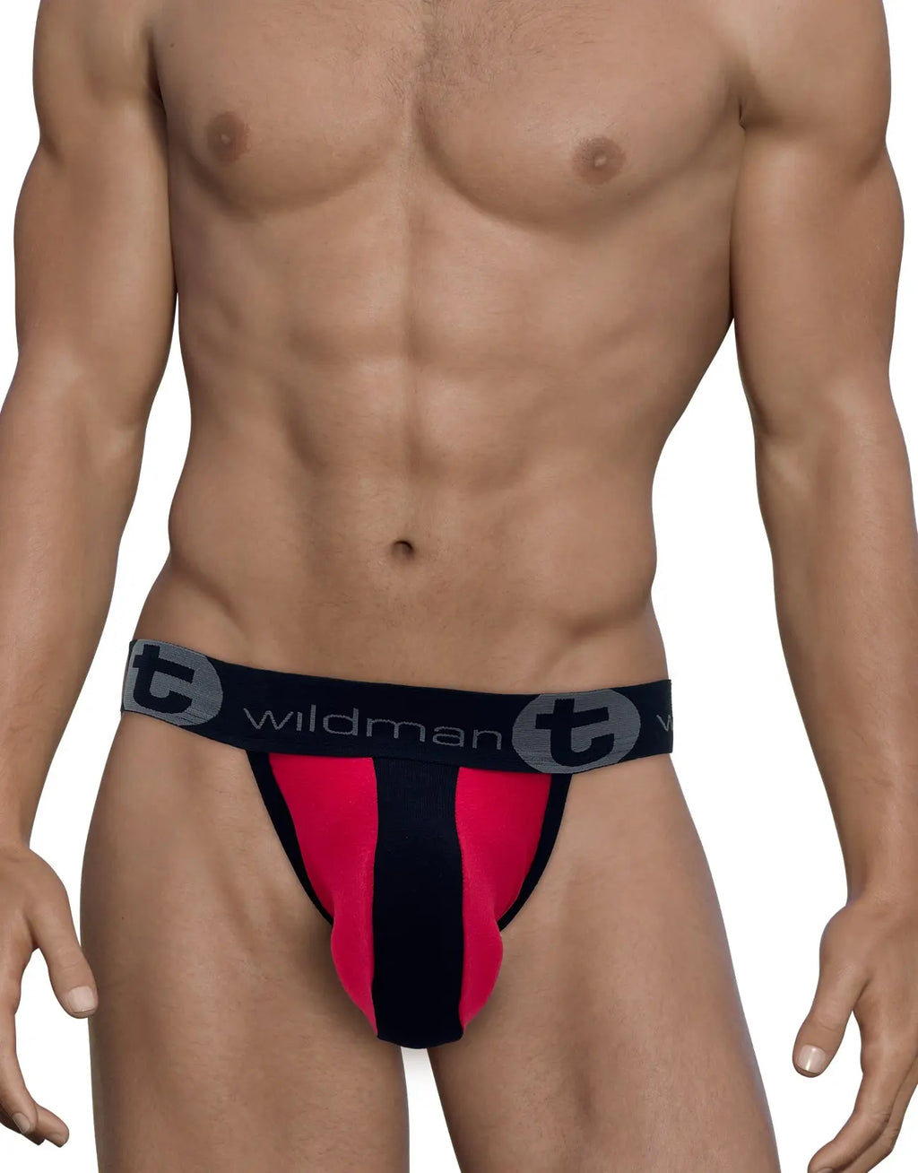 Torso of a person wearing red and black underwear with a black waistband.
