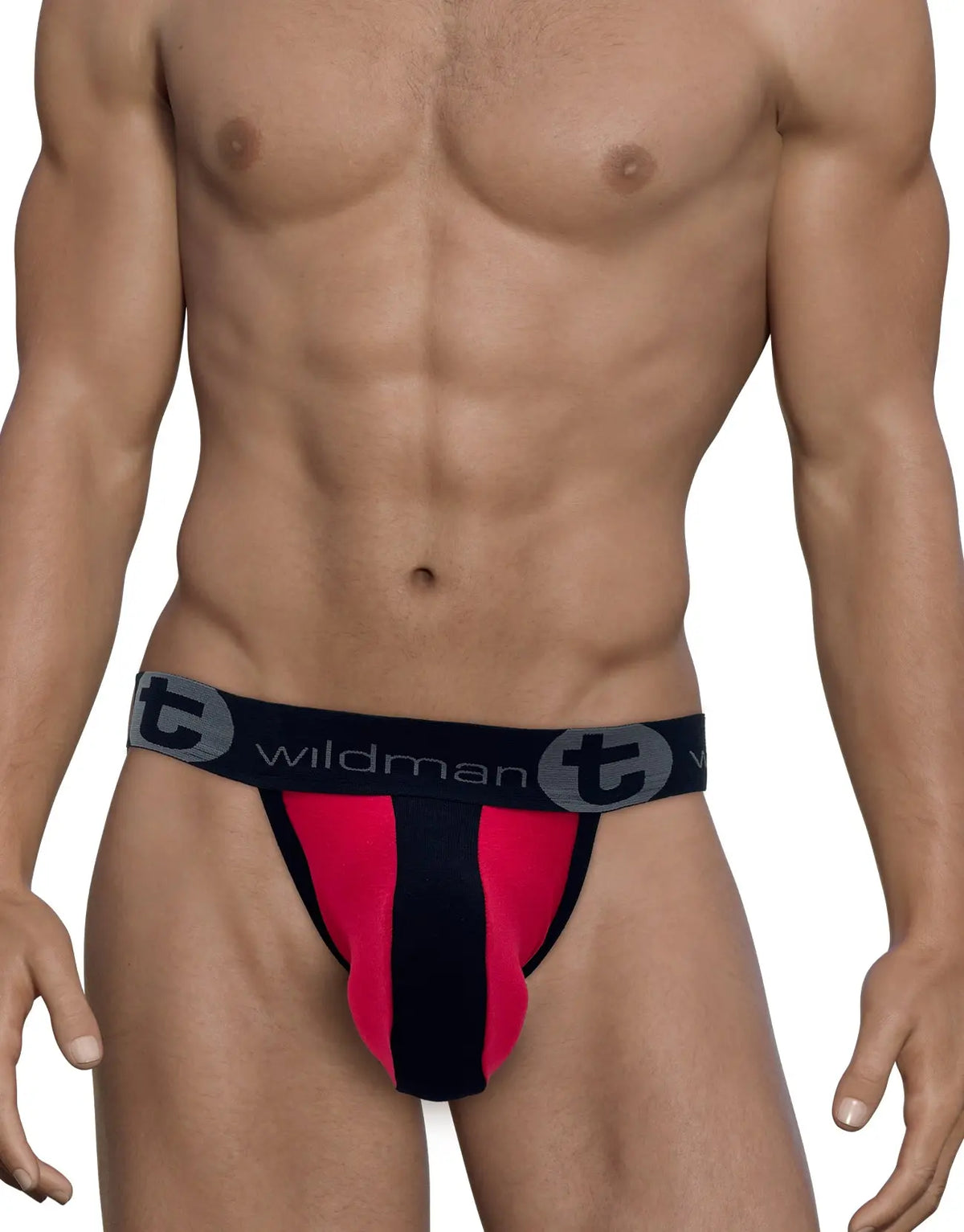 Torso of a person wearing red and black underwear with a black waistband.