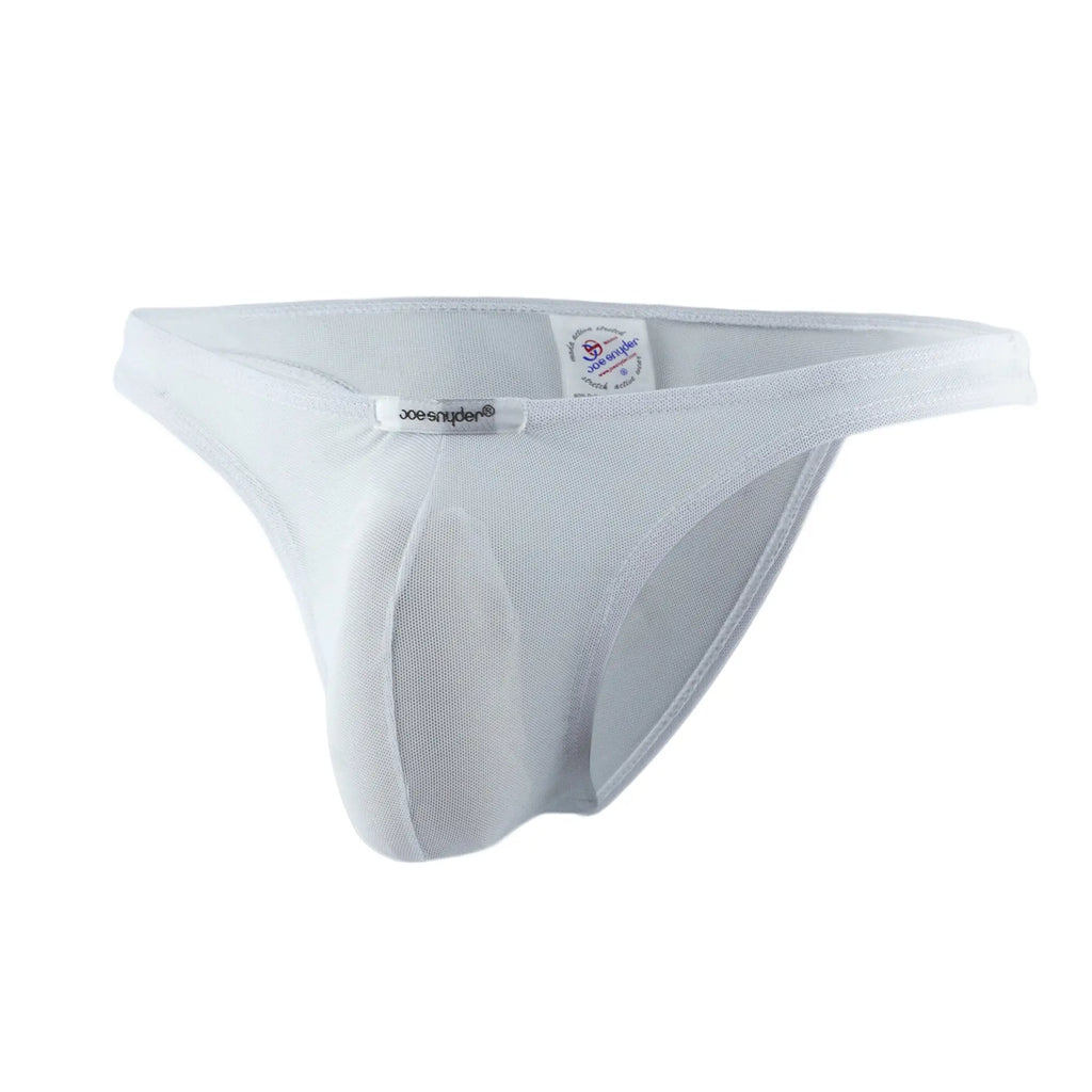 White mesh thong by joe snider showing back side design of the joe snyder capri mesh underwear