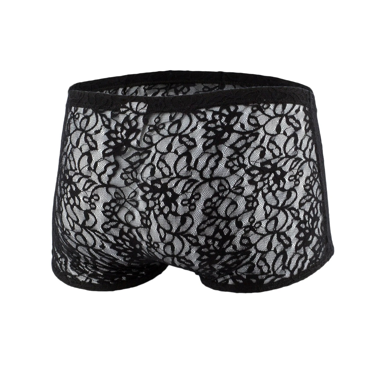 Black lace menâ€™s boxer underwear js08 joe snyder with intricate floral mesh patterns and solid black elastic waistband