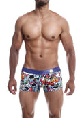 Malebasics trunk boxer briefs with a white base and vibrant, multicolored cartoon-themed skull and cherry graphics.
