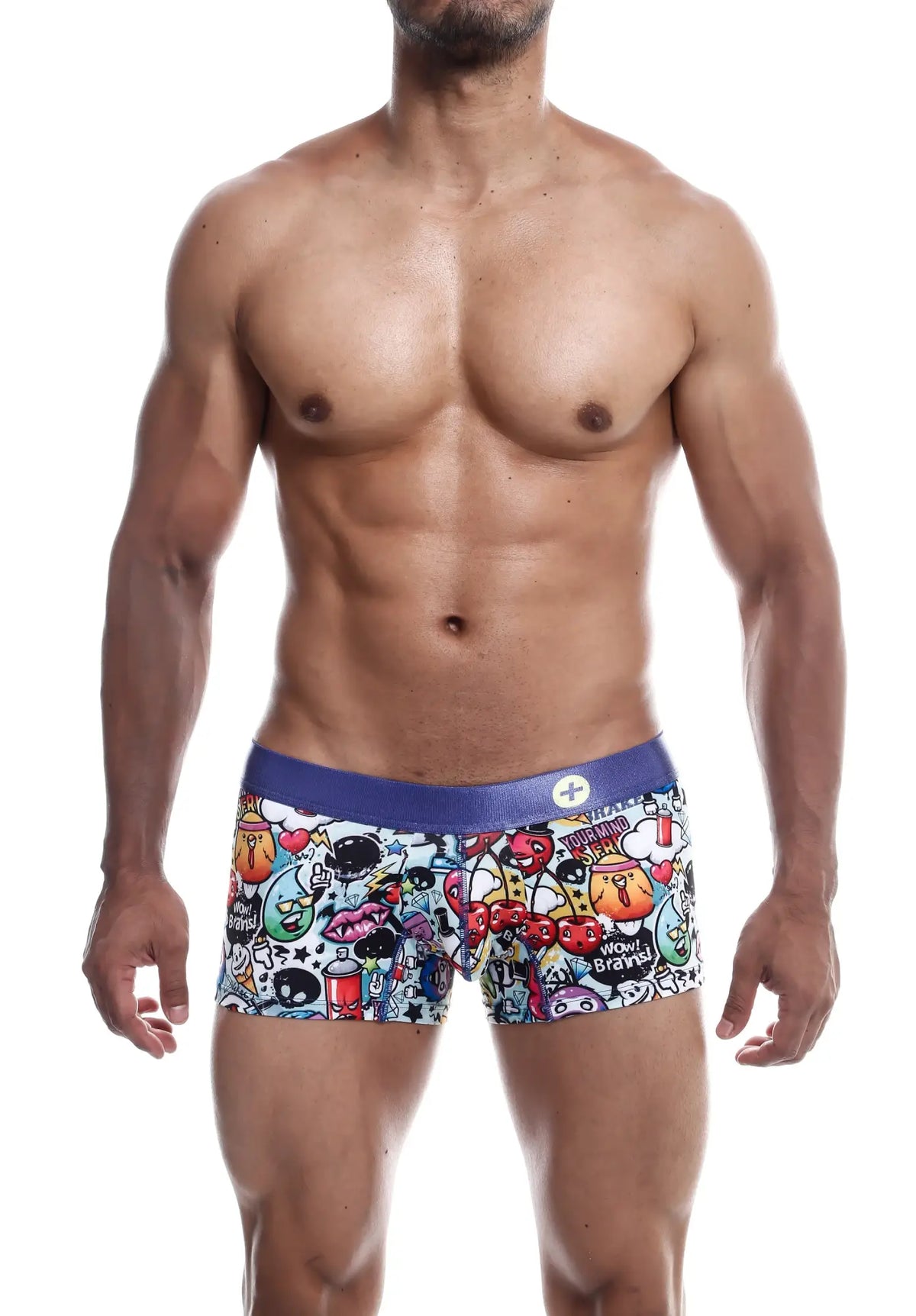 Malebasics trunk boxer briefs with a white base and vibrant, multicolored cartoon-themed skull and cherry graphics.