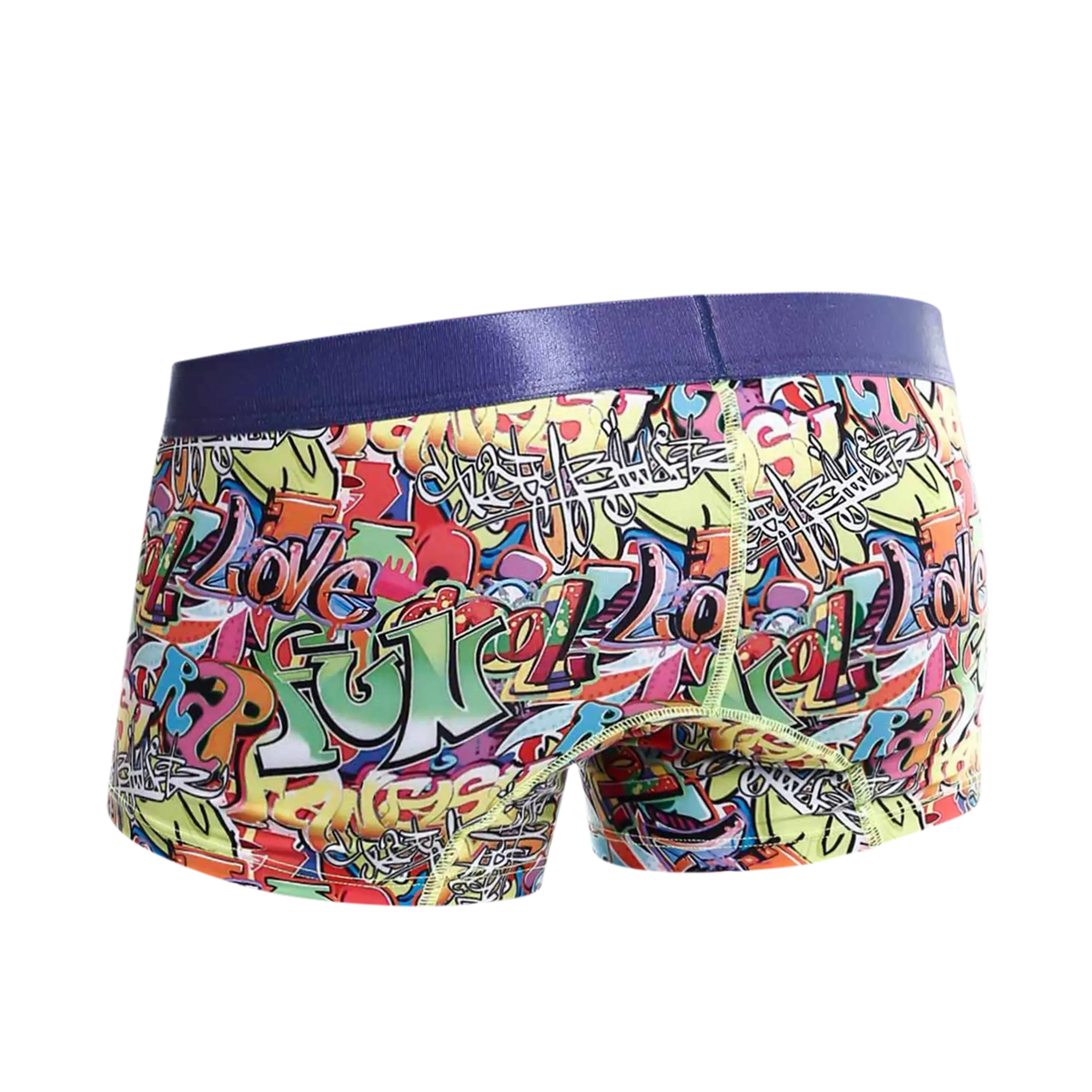 Malebasics trunk hipster comics boxer briefs with vibrant graffiti pattern and solid purple elastic waistband