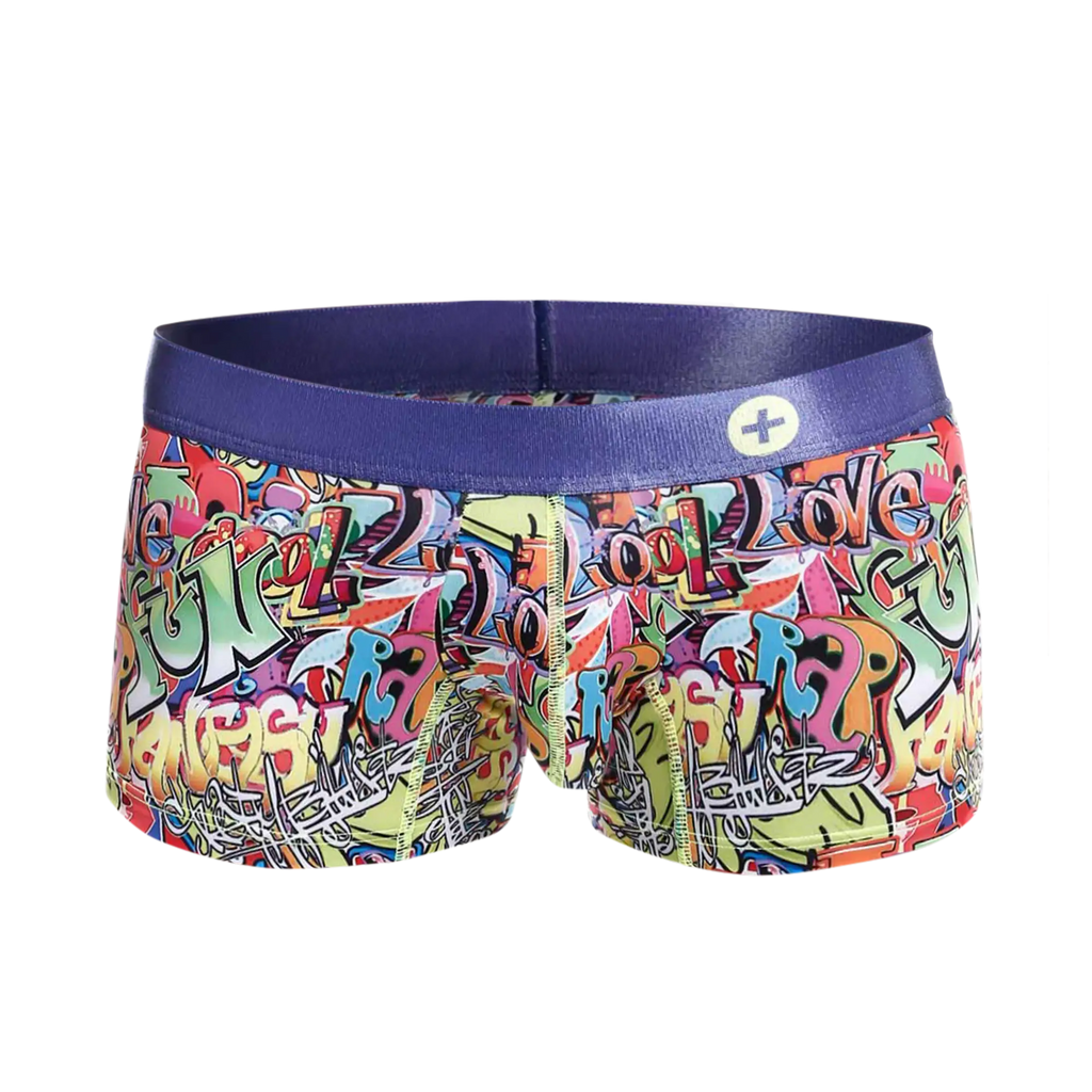 Malebasics trunk hipster comics boxer briefs feature vibrant graffiti patterns and a solid purple elastic waistband