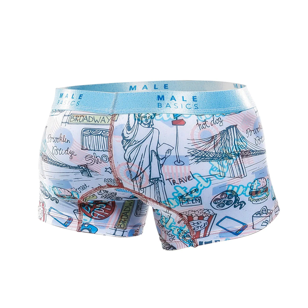 Malebasics trunk hipster poker light blue and white menâ€™s boxer briefs with travel-themed doodles and text design