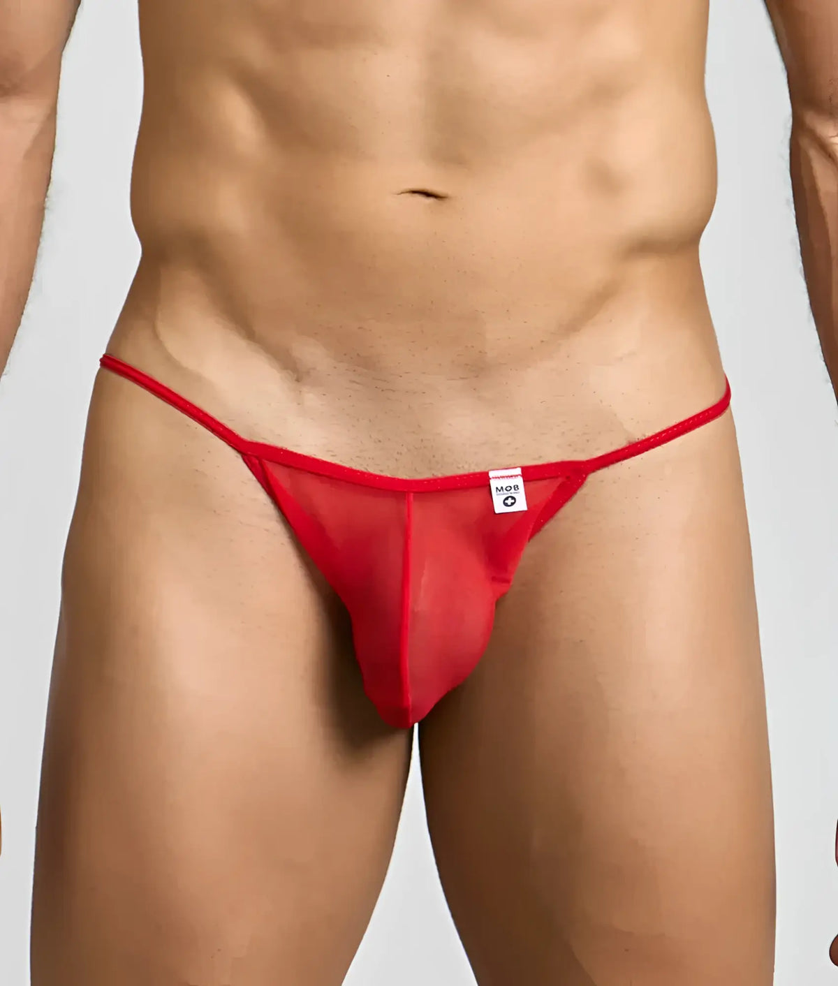 Mob menâ€™s sheer bikini red mesh thong with small white label at front made of sheer mesh fabric
