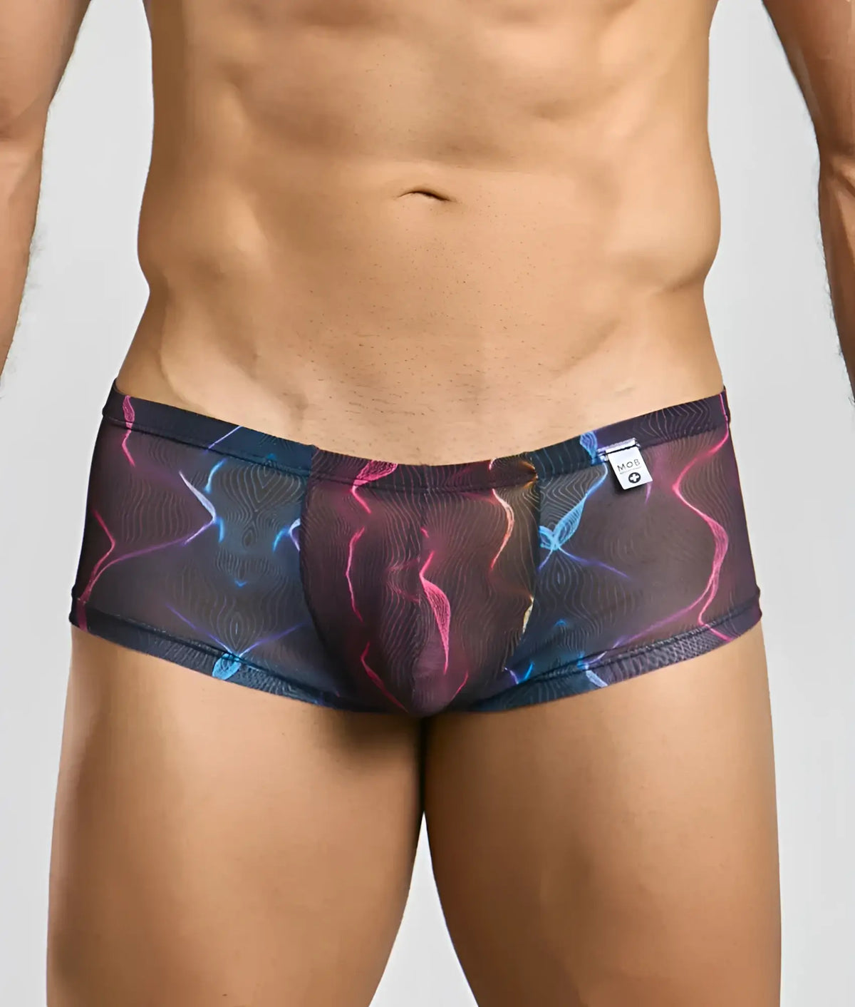 Mob menâ€™s sexy sheer hip brief black mesh with vibrant neon pink blue and purple lightning bolt pattern