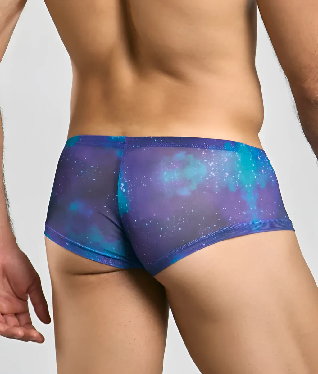Mob menâ€™s sexy sheer hip brief in blue and purple galaxy-patterned mesh fabric front view