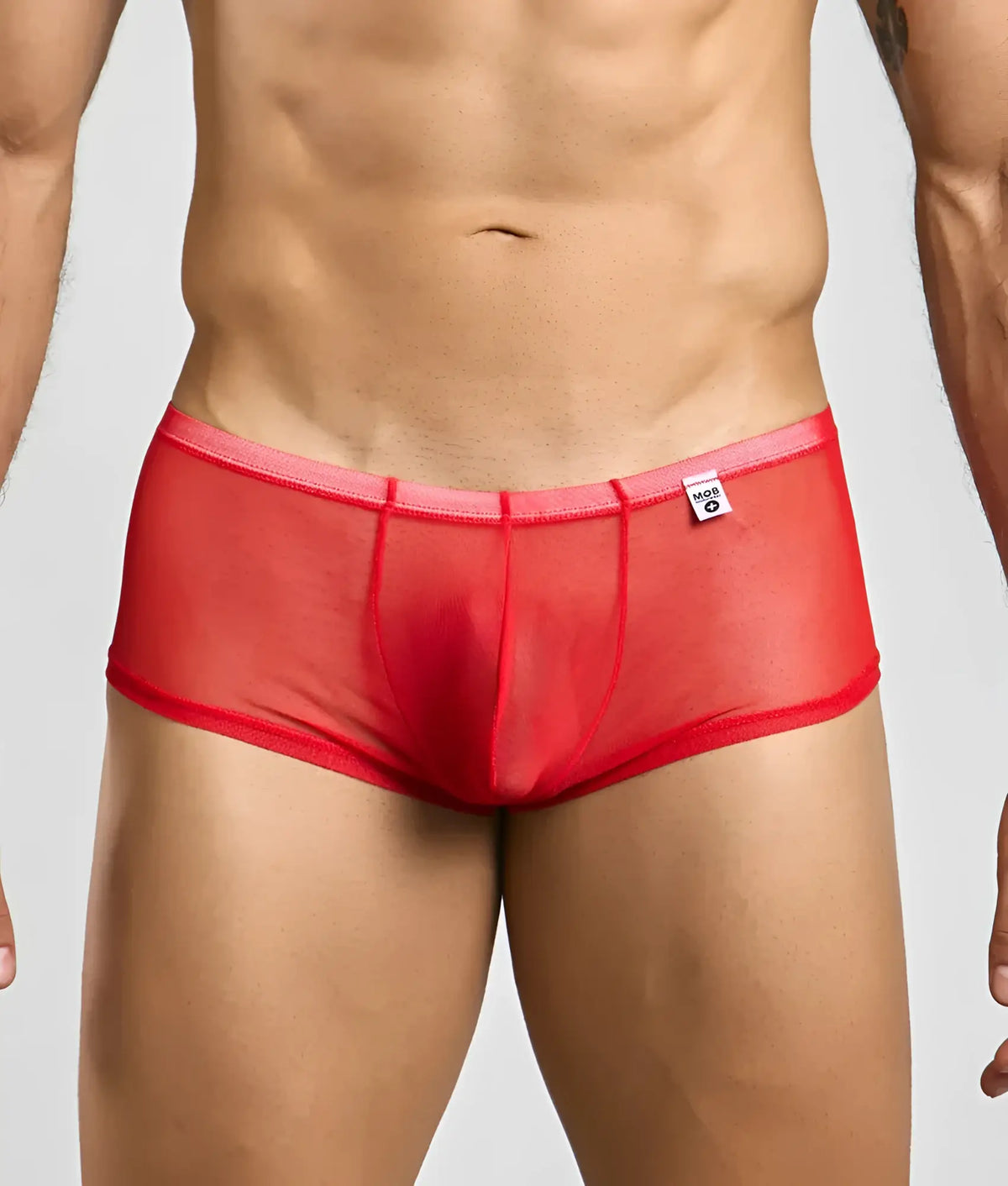 Mob menâ€™s sexy sheer hip brief in red sheer mesh with solid waistband and small white brand tag visible
