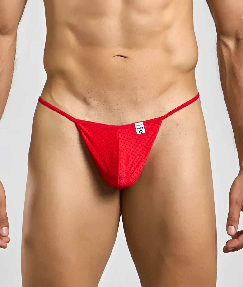 Mob menâ€™s sexy microfiber g-string red mesh thong with a small white label on the front