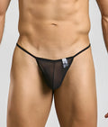 Mob menâ€™s sheer t back thong black sheer mesh thong with thin elastic waistband shown from the back side