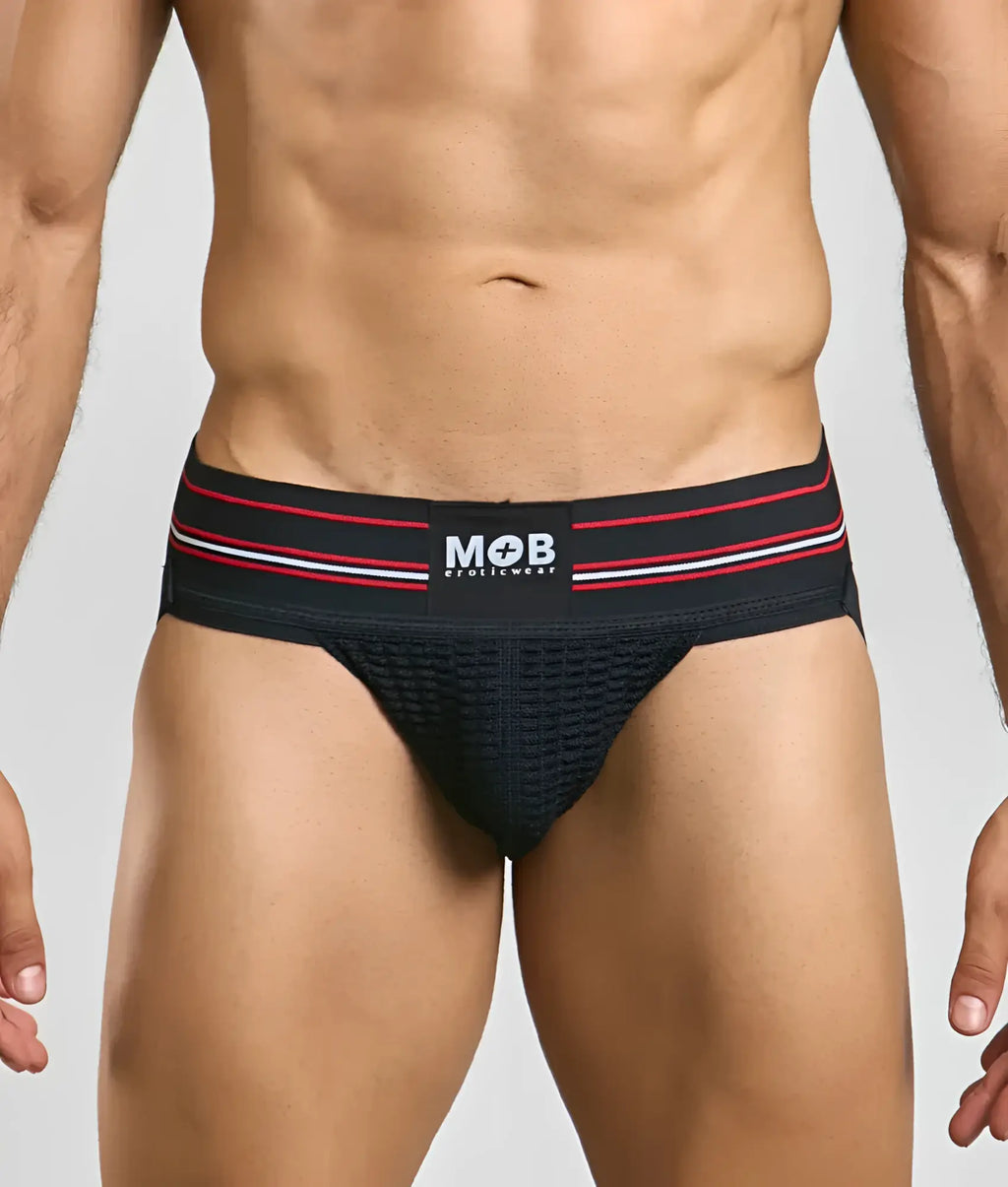 Men 3 wide classic jockstrap in black with red and white striped waistband featuring mob eroticwear logo