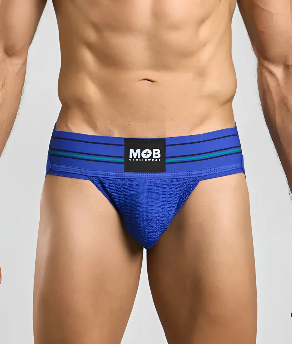 Men 3 inch wide classic jockstrap in blue athletic briefs with black waistband mob eroticwear logo and teal stripes