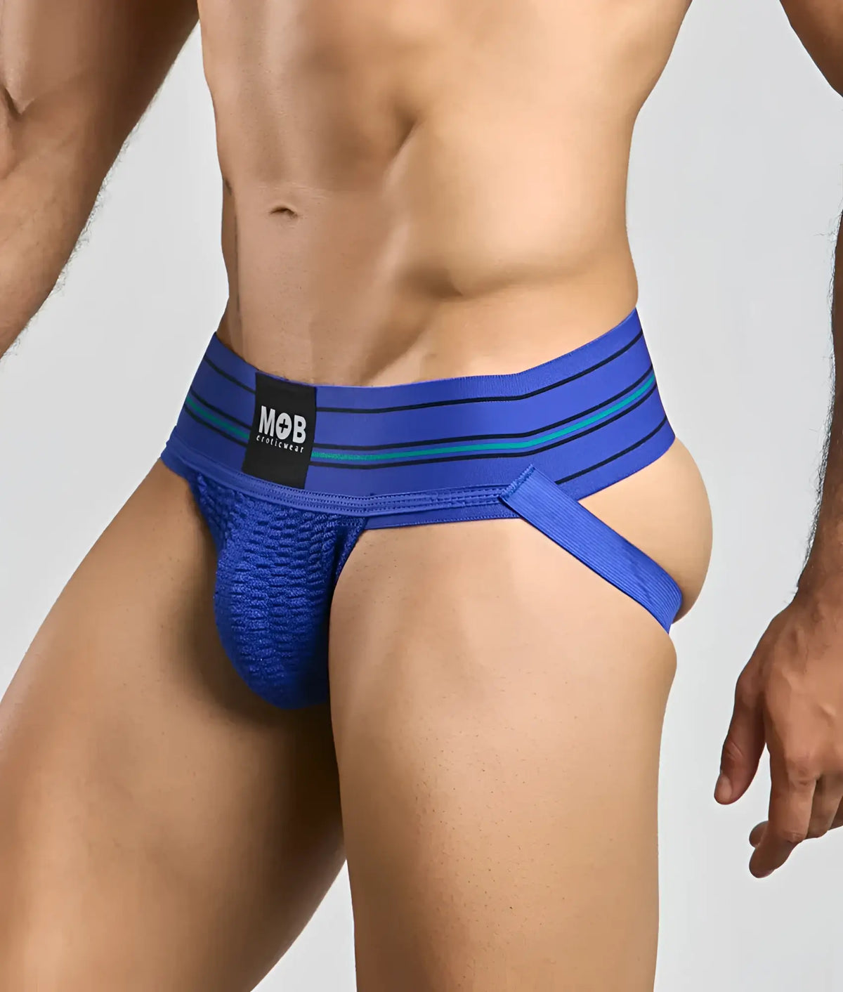 Men 3 inch wide classic jockstrap in blue mesh briefs with striped waistband and mob brand label