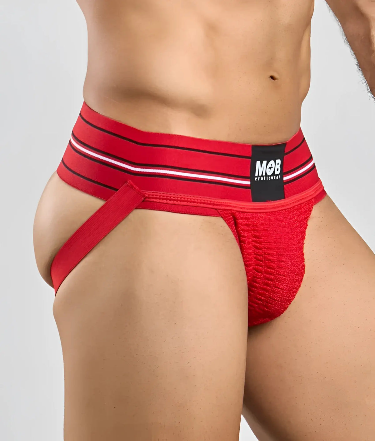 Men 3 inch wide classic jockstrap in red with black and white striped waistband featuring mob brand label
