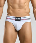 Men 3 inch wide classic jockstrap with white textured briefs and striped black red white waistband mob eroticwear logo