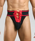 Black and red mob football jockstrap with lace-up front and textured fabric waistband for athletic support